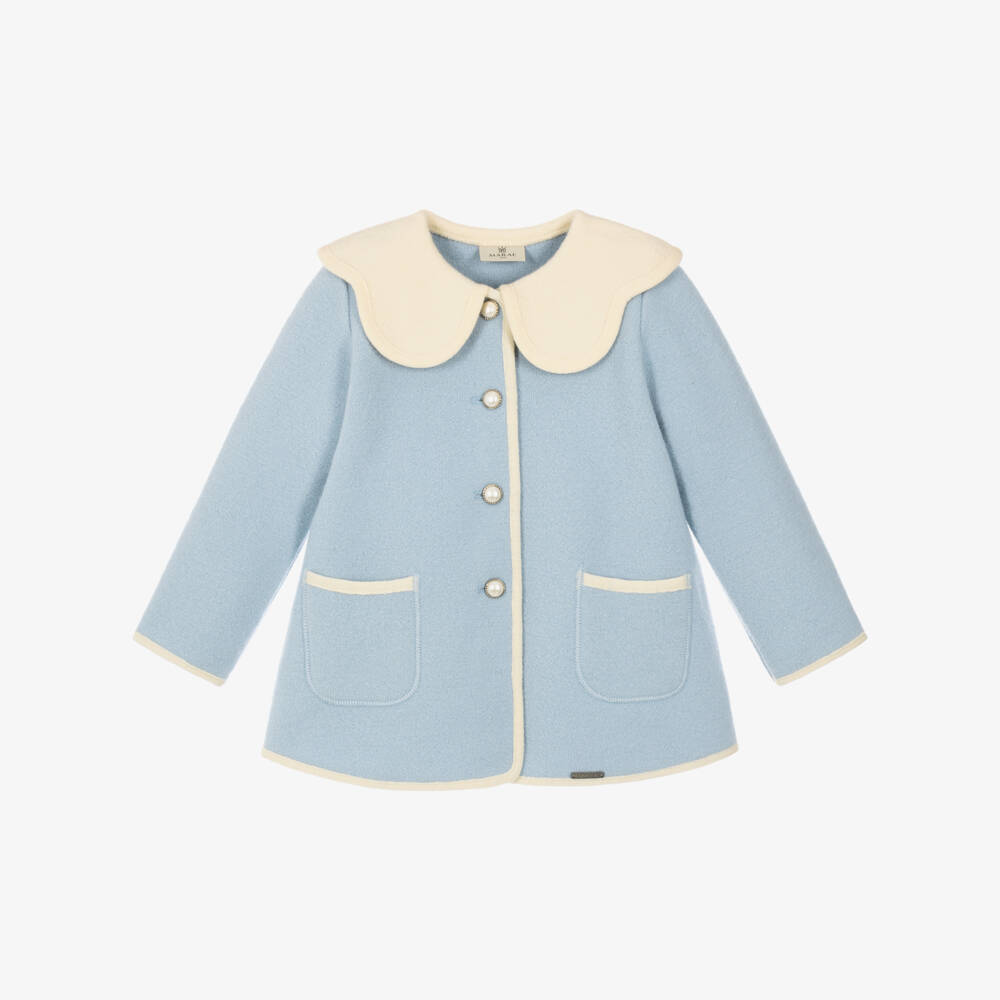 Marae Kids-Girls Pale Blue Merino Wool Coat with Ivory Scalloped Collar | Childrensalon