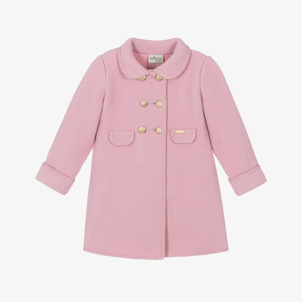 Marae Kids-Girls Pink Merino Wool Coat with Gold Crested Buttons | Childrensalon
