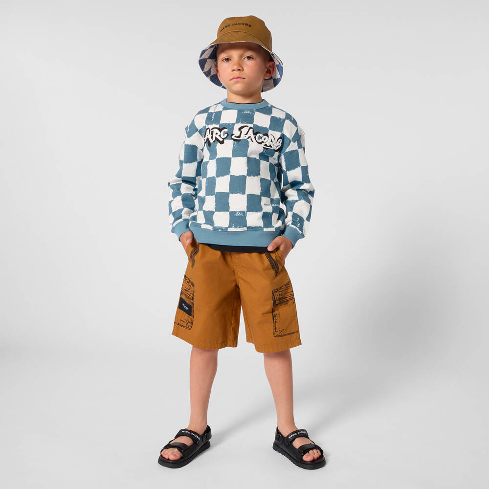 MARC JACOBS-سويتشيرت قطن بنقشة الشطرنج لون أزرق وأبيض للأولاد | Childrensalon