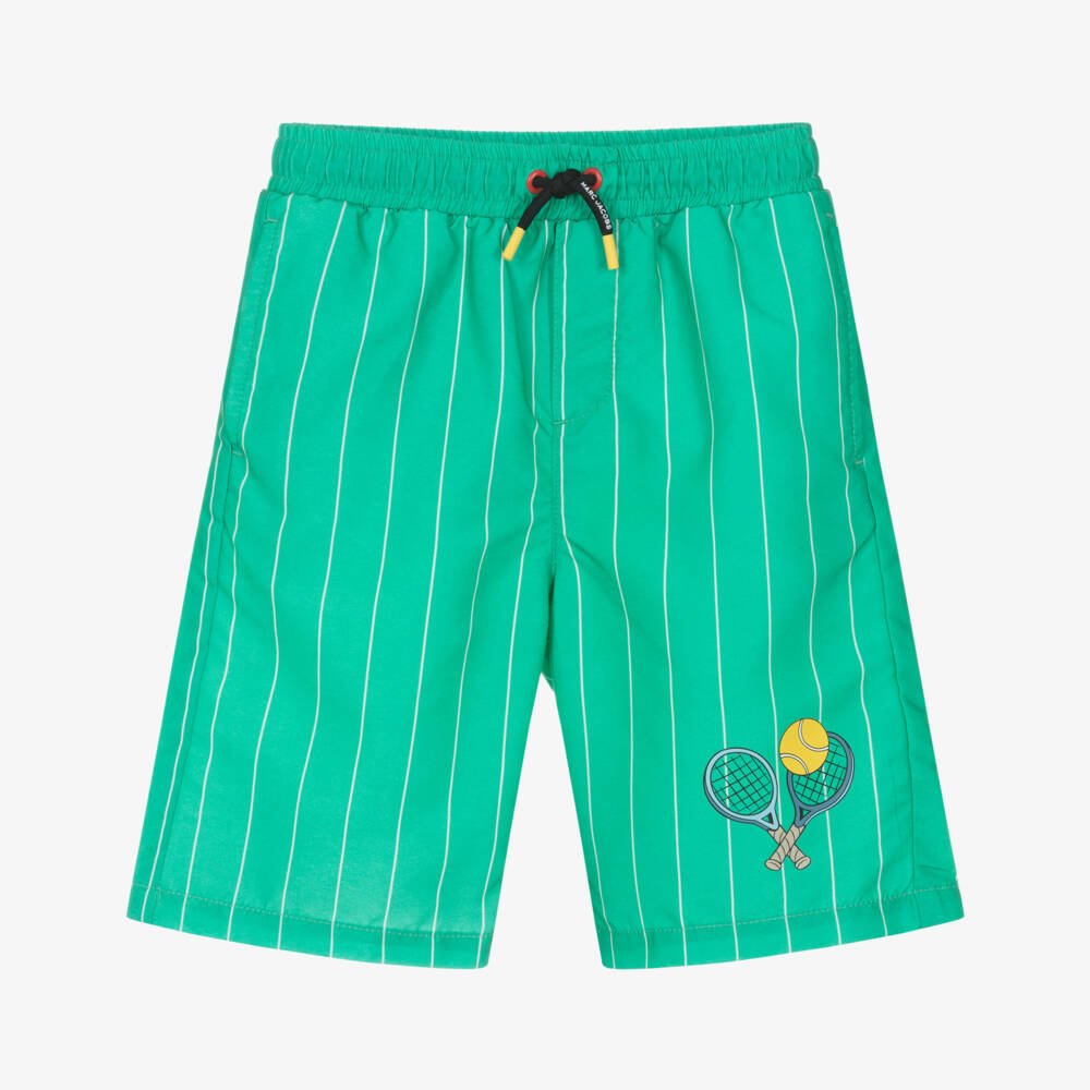 MARC JACOBS-Boys Green Stripe Tennis Swim Shorts with Mickey Mouse | Childrensalon