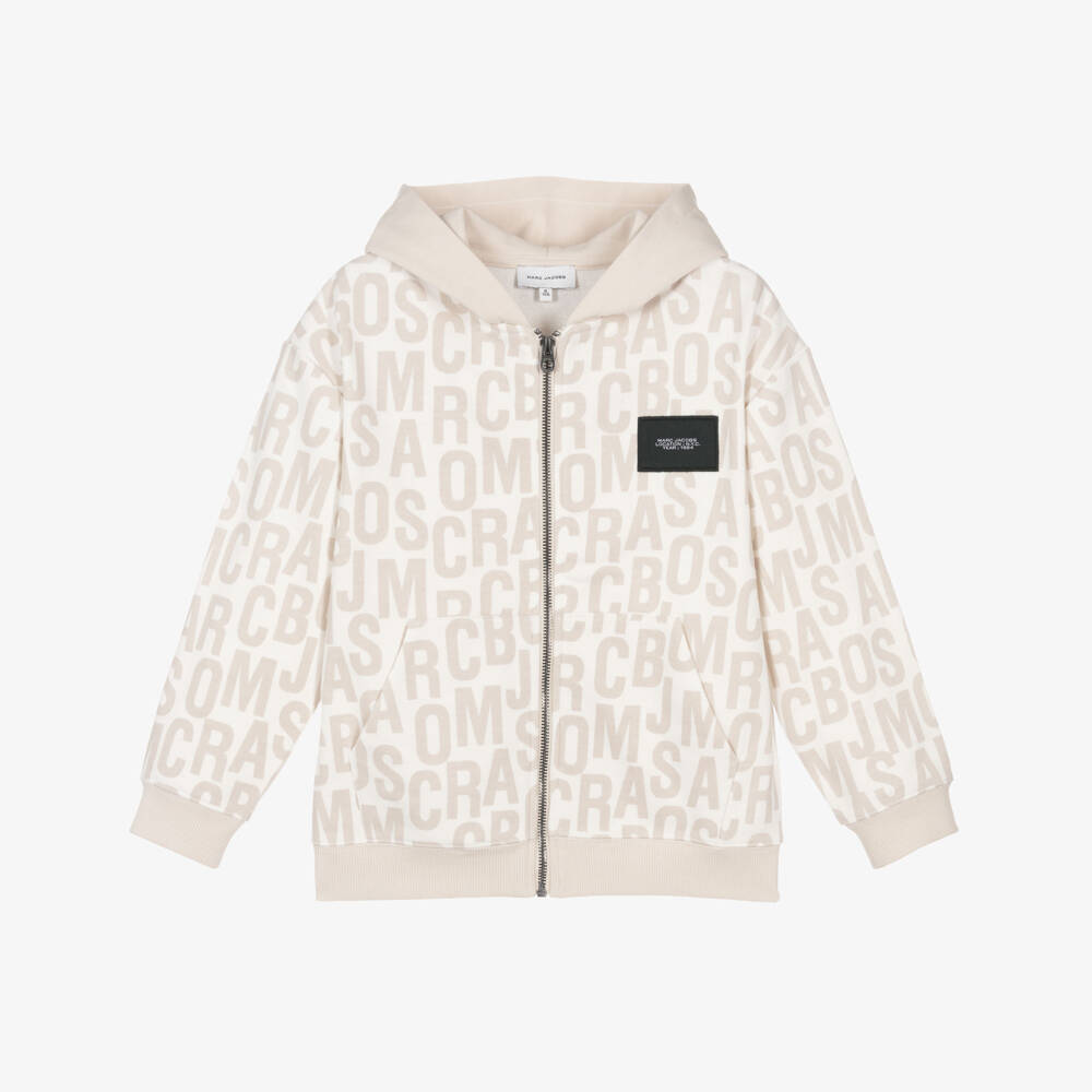 MARC JACOBS-Boys Ivory & Beige Monogram Cotton Zip-Up Top | Childrensalon