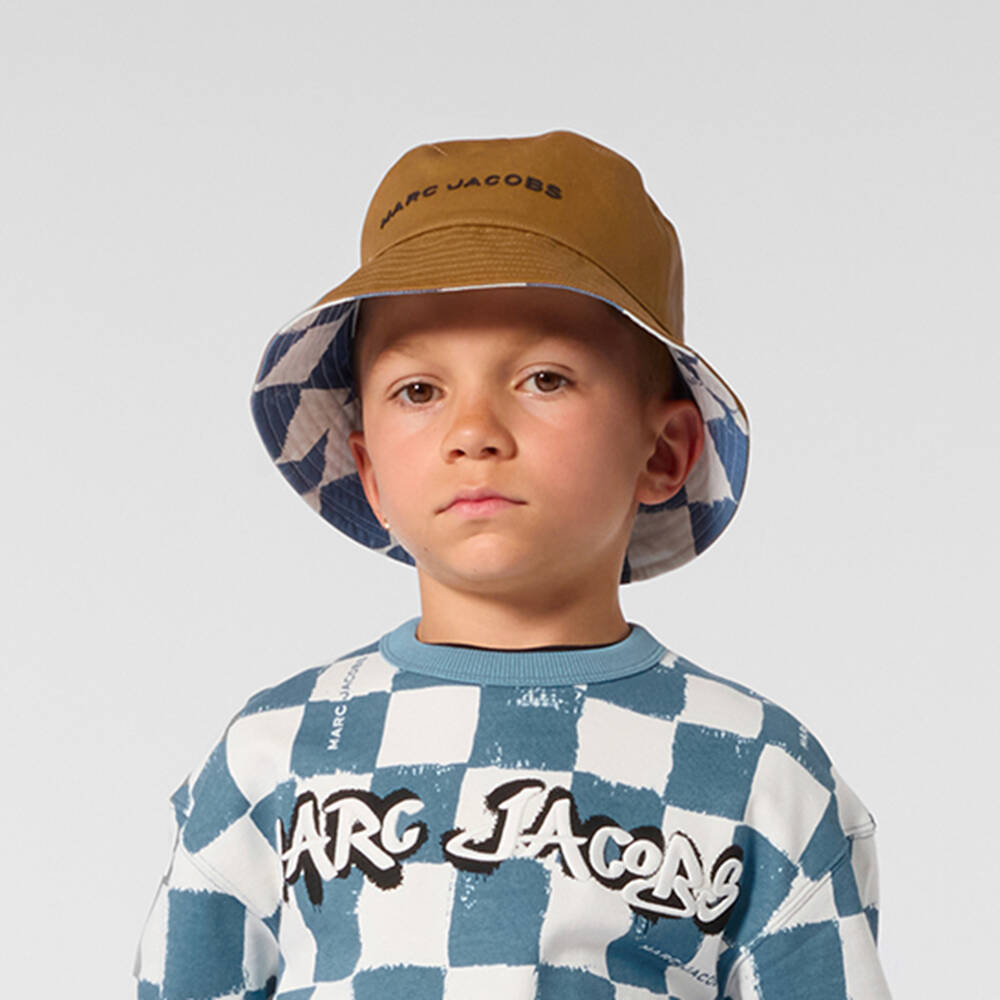 MARC JACOBS-Boys Reversible Blue Check & Beige Cotton Bucket Hat | Childrensalon