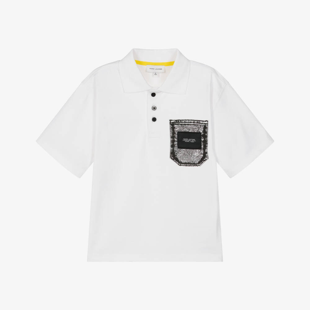 MARC JACOBS-Boys White Cotton Jersey Polo Shirt with Pocket Print | Childrensalon