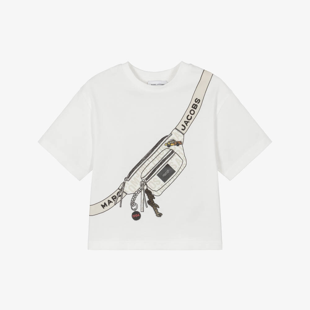 MARC JACOBS-Boys White Cotton T-Shirt with Belt Bag Graphic | Childrensalon