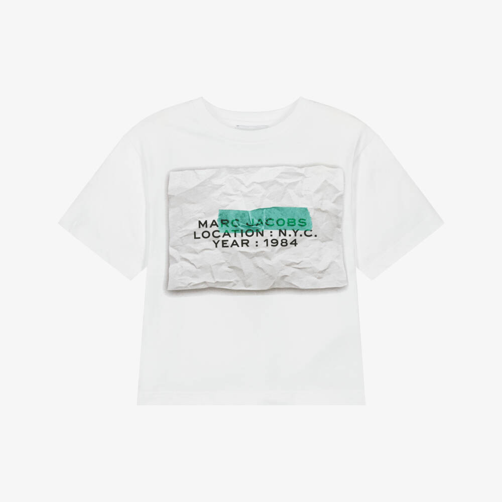 MARC JACOBS-Boys White Cotton T-Shirt with Crinkle Paper Graphic | Childrensalon