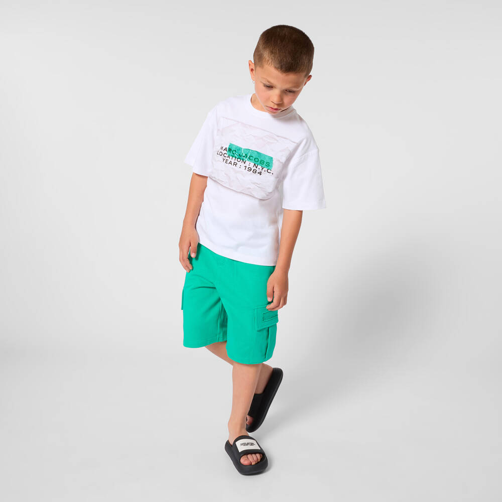 MARC JACOBS-Boys White Cotton T-Shirt with Crinkle Paper Graphic | Childrensalon