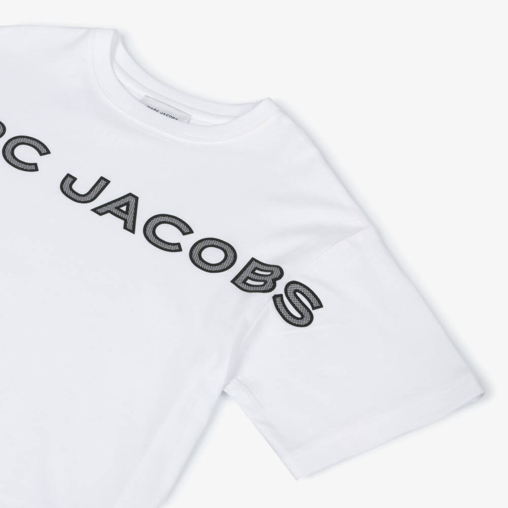 MARC JACOBS-Boys White Cotton T-Shirt with Mesh-Effect Logo Print | Childrensalon