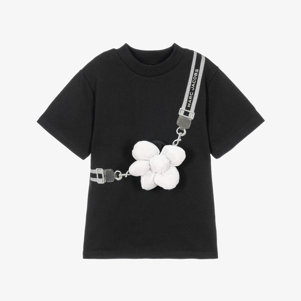 MARC JACOBS-Girls Black T-Shirt Dress with a Daisy Pocket | Childrensalon