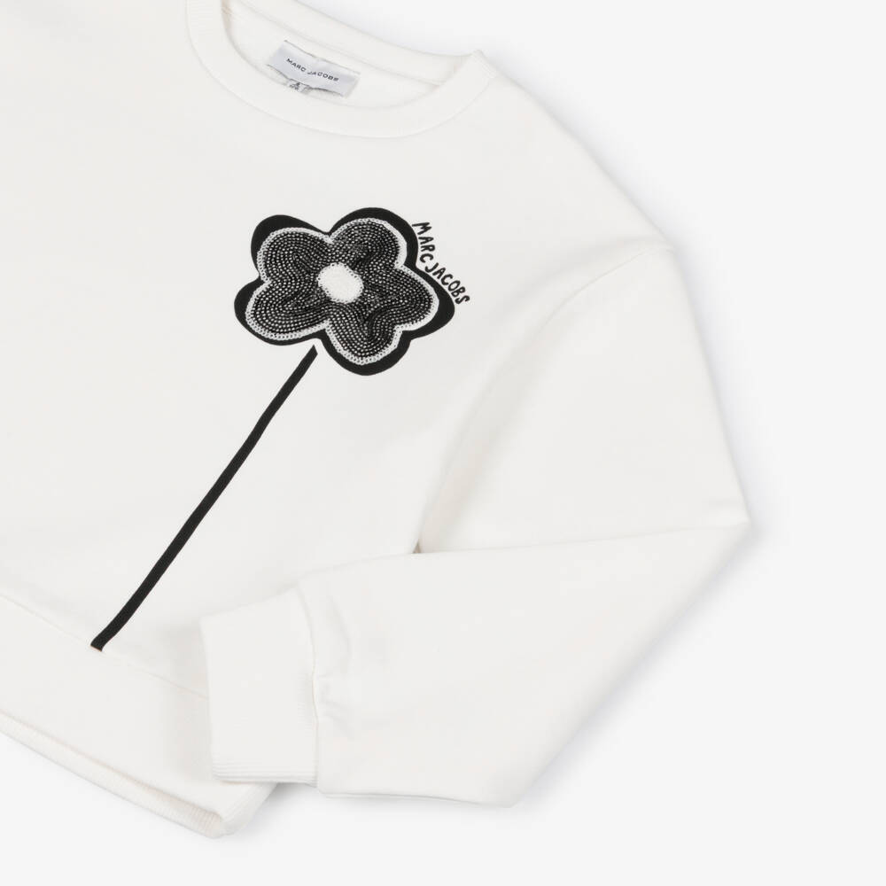 MARC JACOBS-Girls Ivory Cotton Sweatshirt with Sequinned Daisy | Childrensalon