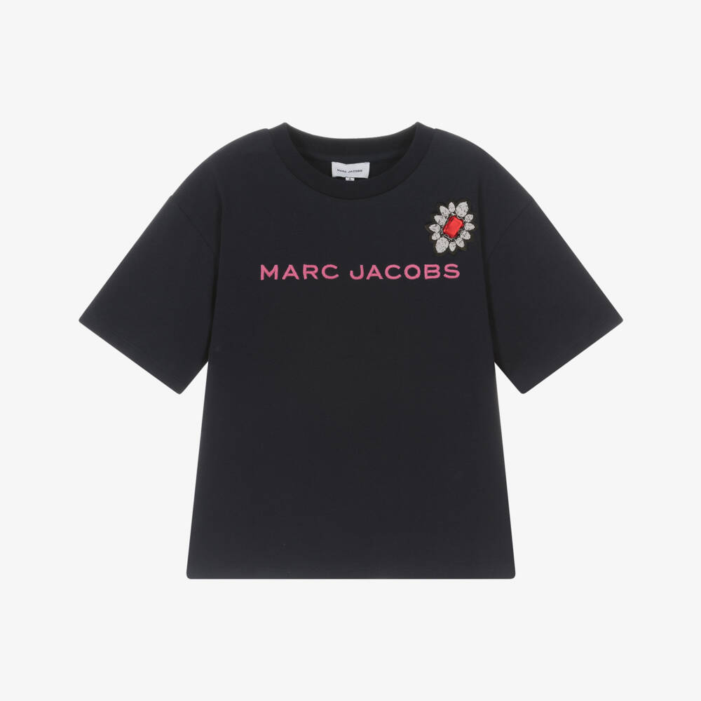 MARC JACOBS-Girls Navy Blue Cotton T-Shirt with Jewel Detail  | Childrensalon