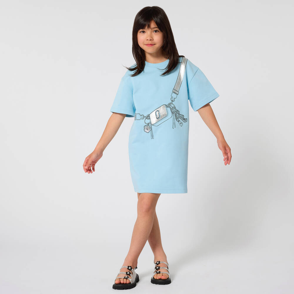 MARC JACOBS-Girls Pale Blue Cotton Dress with Snapshot Bag Print | Childrensalon