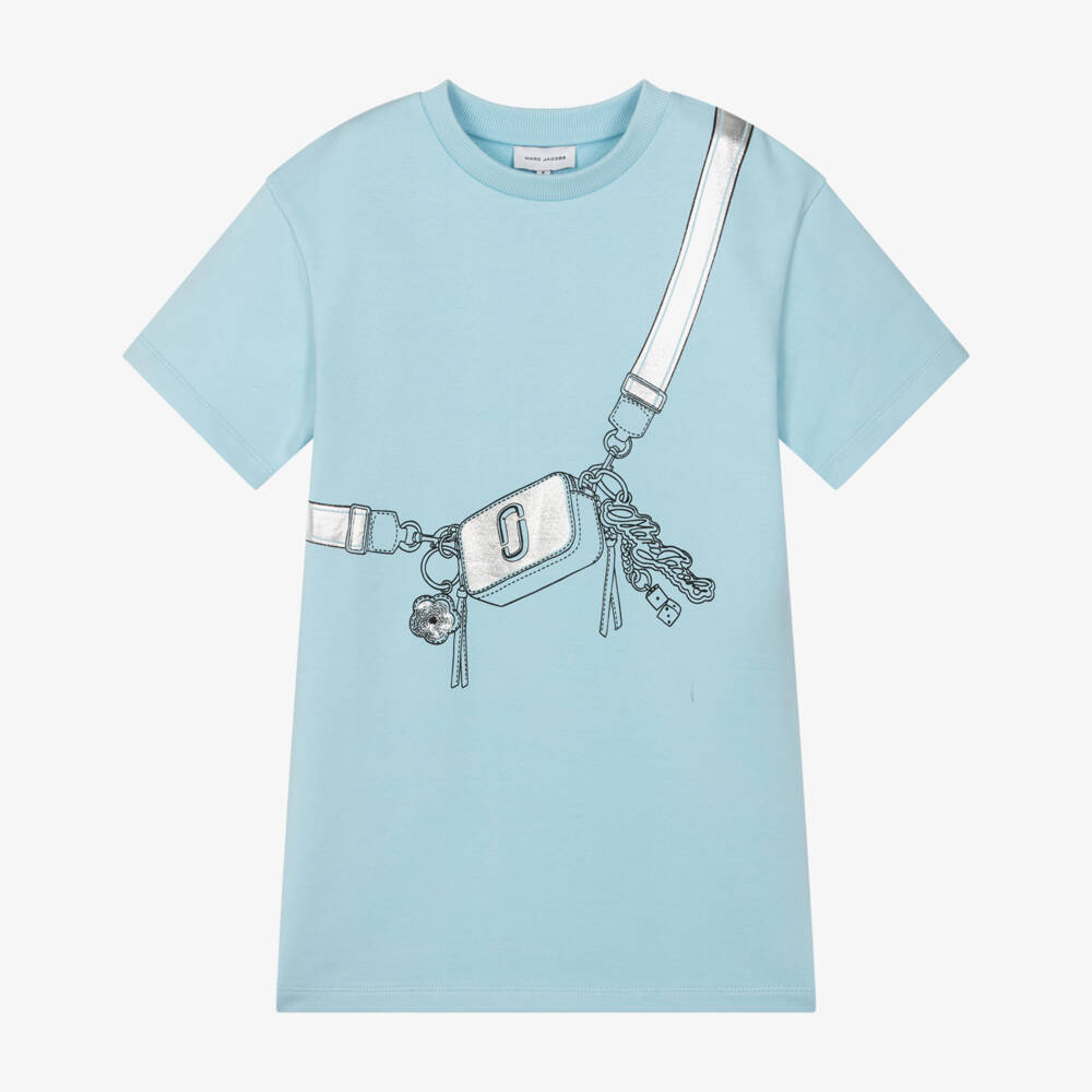 MARC JACOBS-Girls Pale Blue Cotton Dress with Snapshot Bag Print | Childrensalon
