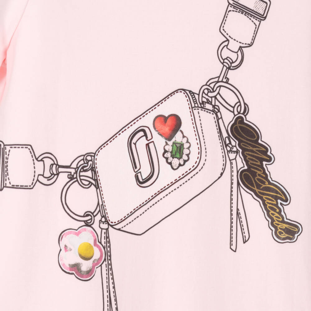 MARC JACOBS-Girls Pale Pink Cotton T-Shirt Dress with Snapshot Bag Print | Childrensalon