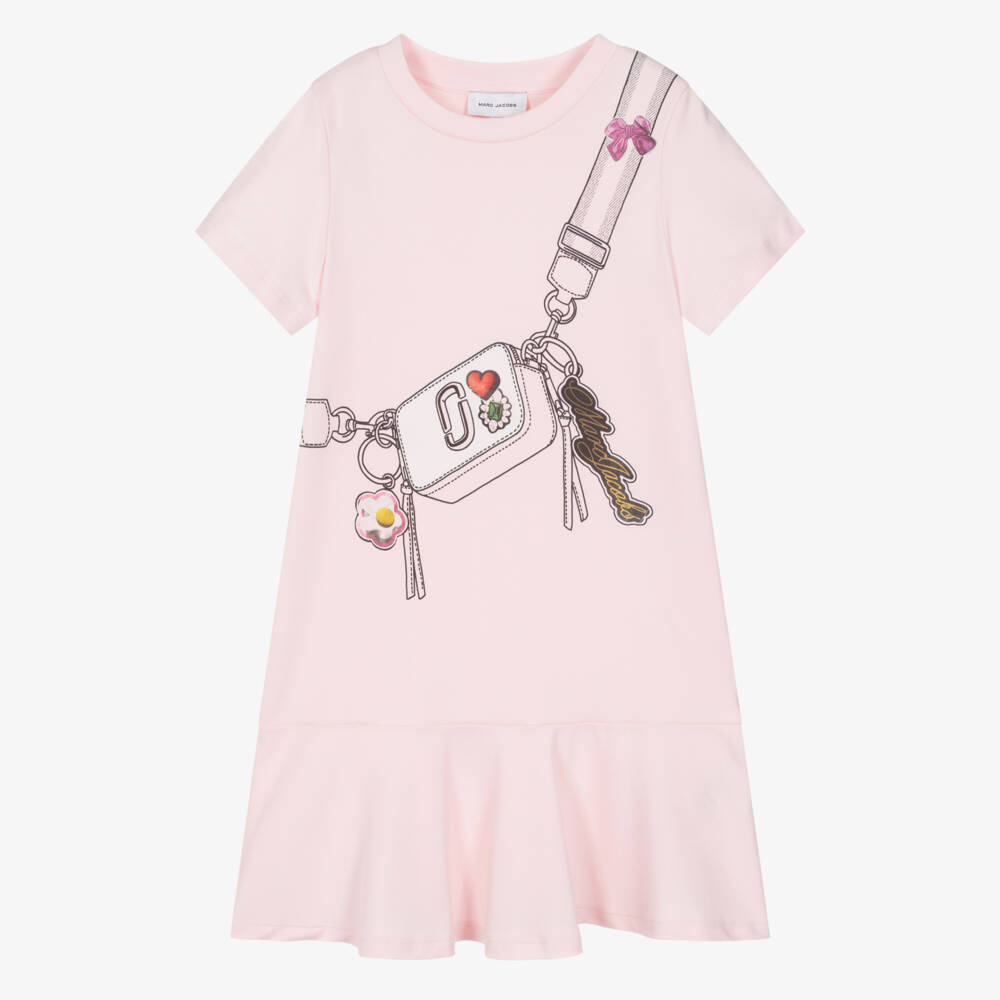 MARC JACOBS-Girls Pale Pink Cotton T-Shirt Dress with Snapshot Bag Print | Childrensalon