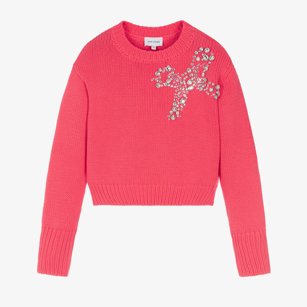 MARC JACOBS-Girls Pink Cotton Knit Sweater with Rhinestone Bow | Childrensalon