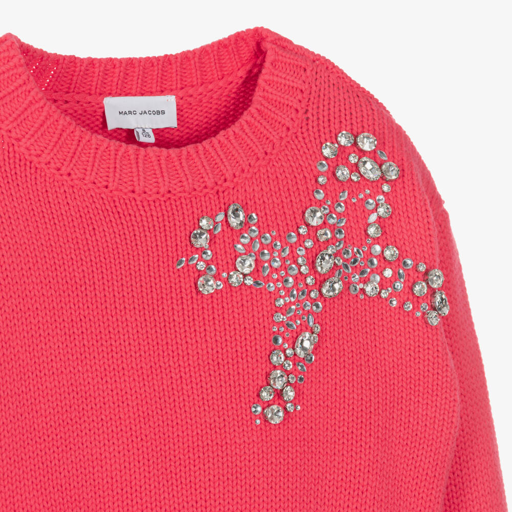MARC JACOBS-Girls Pink Cotton Knit Sweater with Rhinestone Bow | Childrensalon