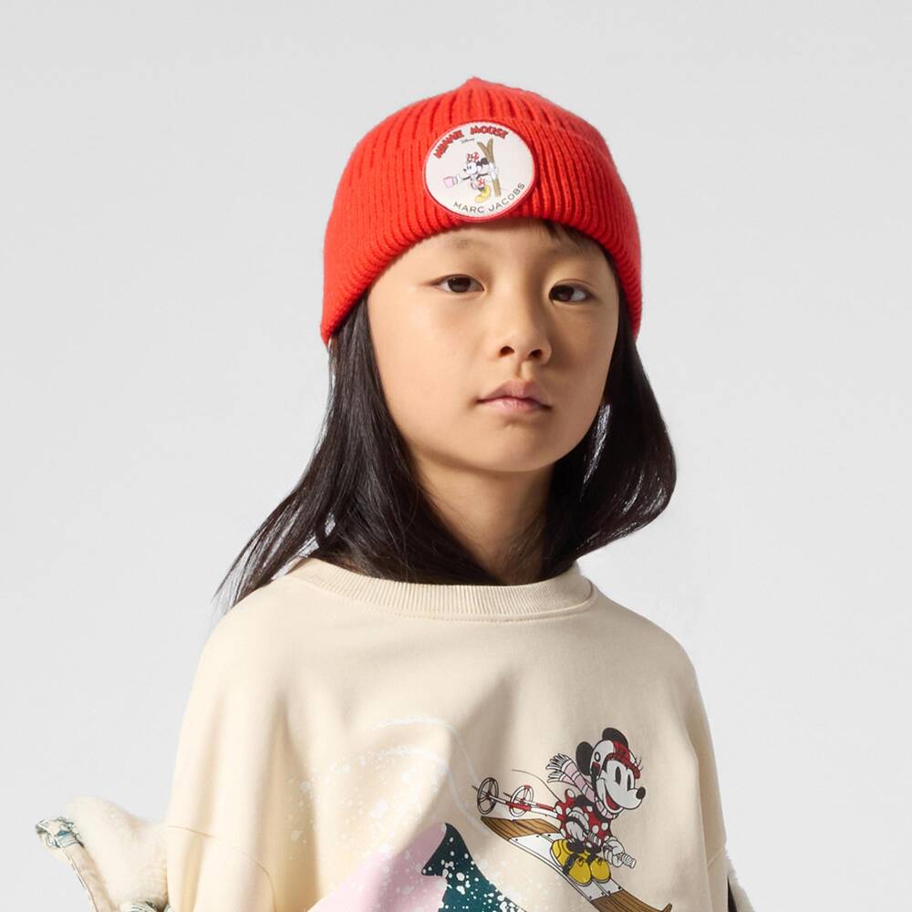 MARC JACOBS-Girls Tomato Red Minnie Mouse Badge Beanie Hat | Childrensalon