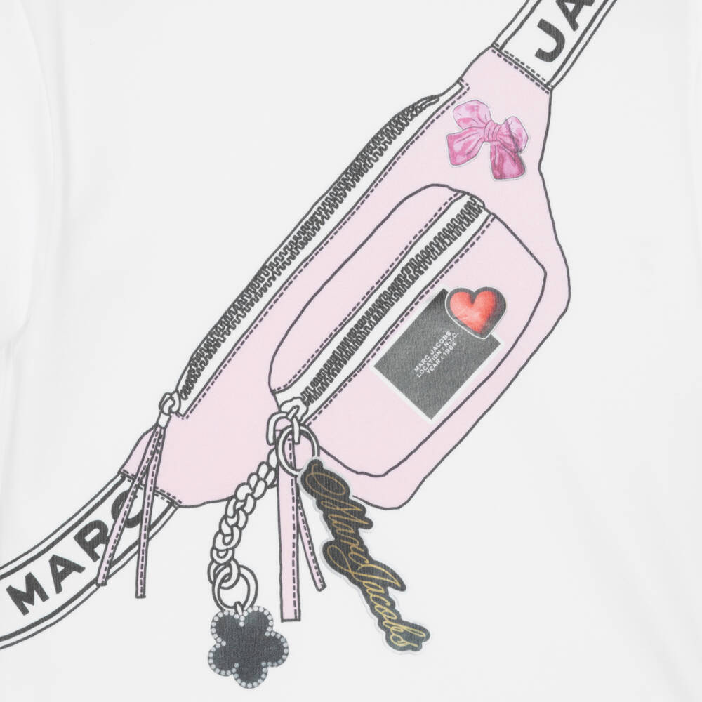 MARC JACOBS-Girls White Cotton T-Shirt with Snapshot Bag Print | Childrensalon