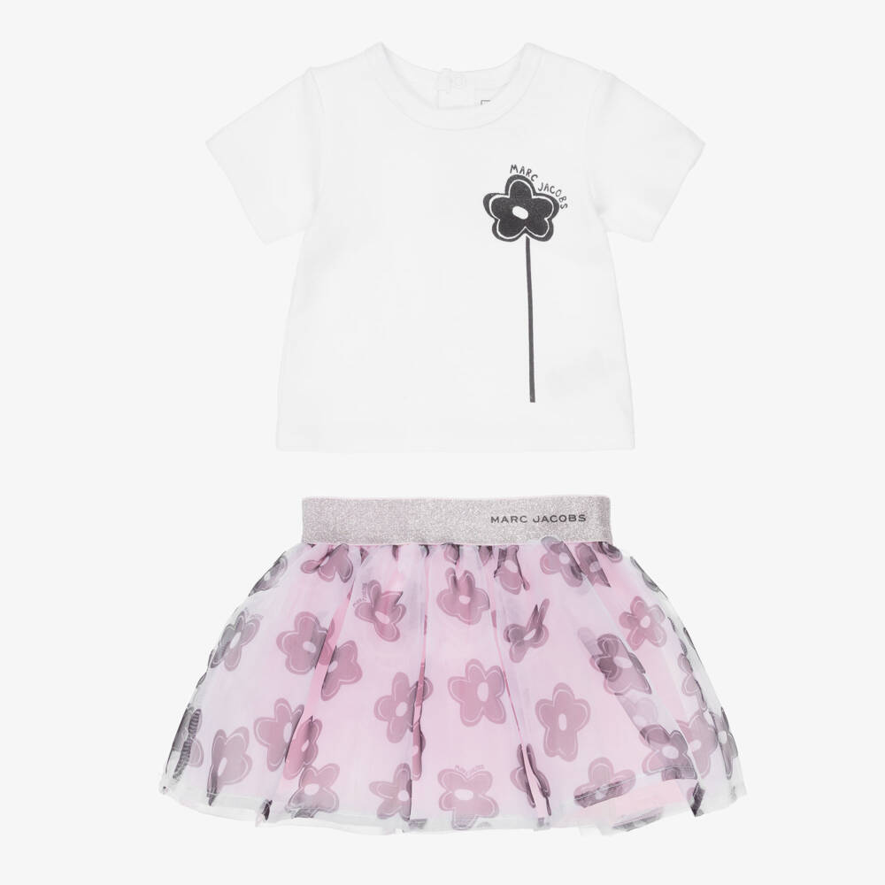 MARC JACOBS-Girls White & Pink Daisy Tulle Skirt Set | Childrensalon