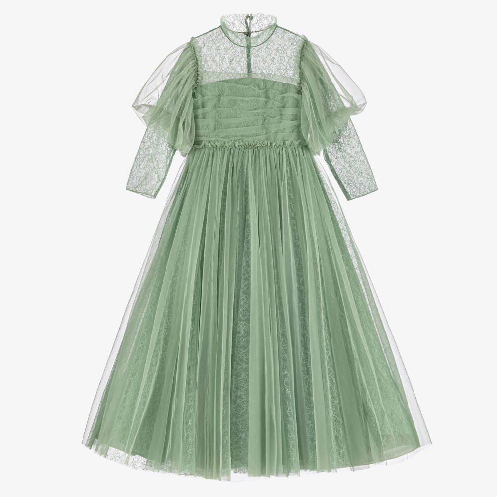 Marchesa Kids Couture-Girls Green Embroidered Tulle Lace Maxi Dress | Childrensalon