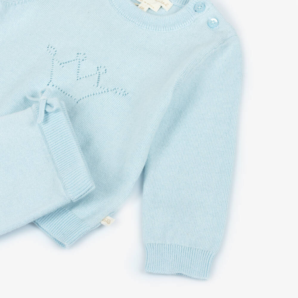 Marie-Chantal-Blue Cotton Knit Trouser Set with Pointelle Details | Childrensalon