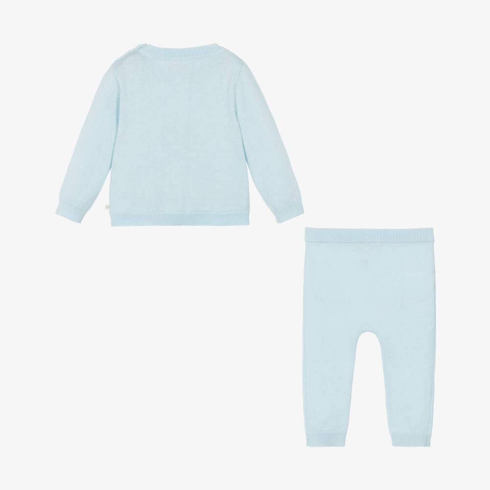 Marie-Chantal-Blue Cotton Knit Trouser Set with Pointelle Details | Childrensalon