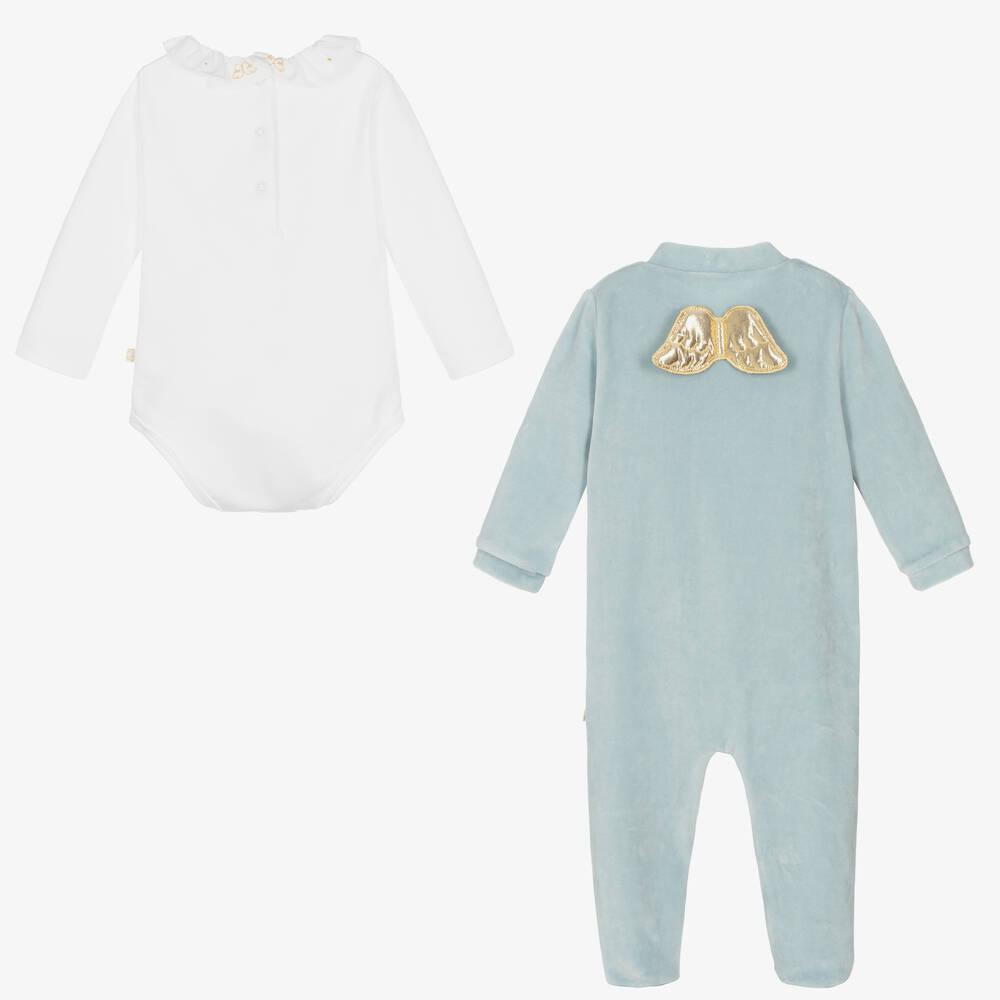 Marie-Chantal-طقم أفرول بيبي غرو قطن قطيفة لون أزرق للمواليد | Childrensalon
