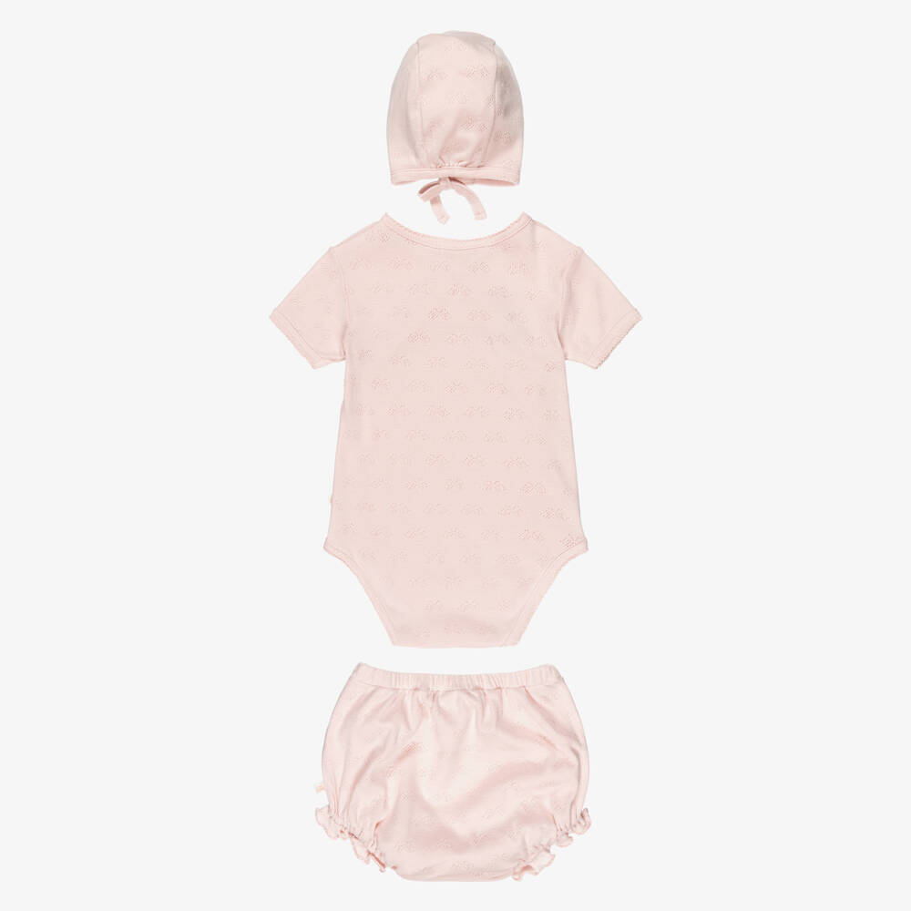 Marie-Chantal-Girls Pink Cotton Pointelle Angel Wing Babysuit Set | Childrensalon