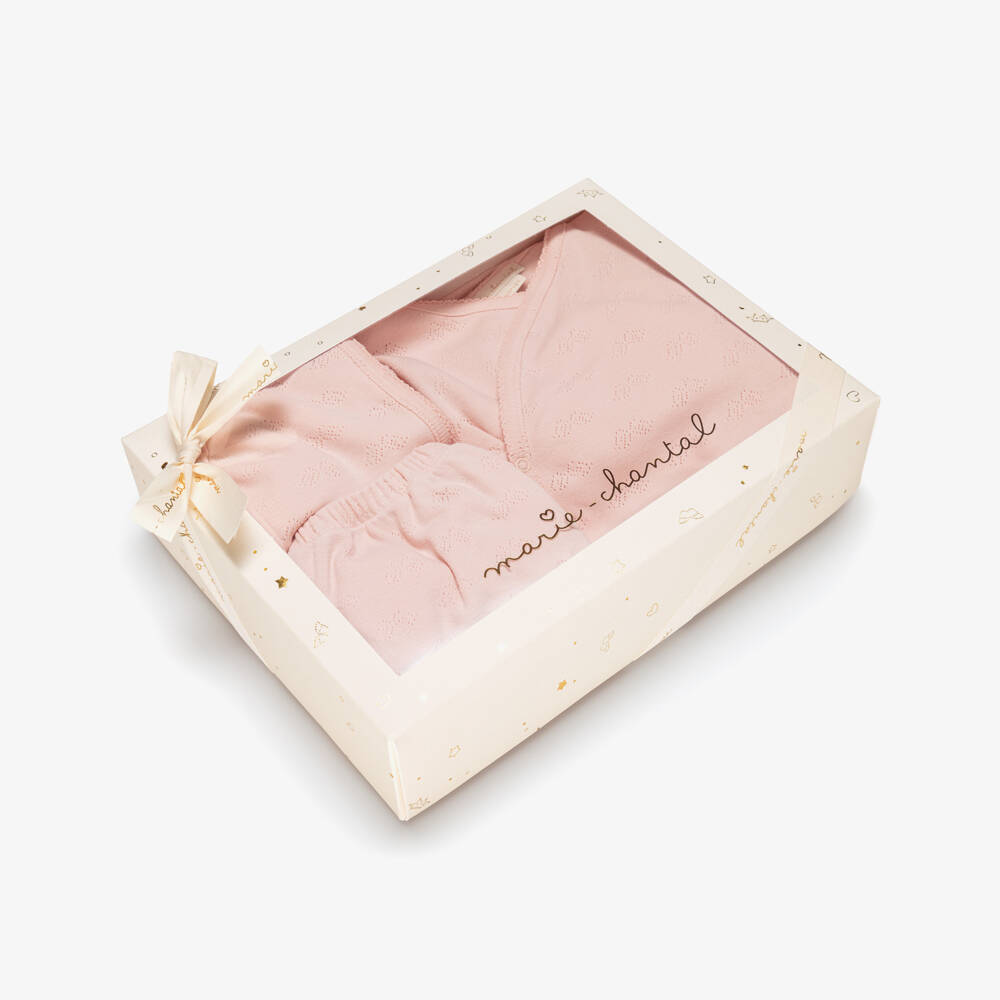 Marie-Chantal-Girls Pink Cotton Pointelle Angel Wing Babysuit Set | Childrensalon