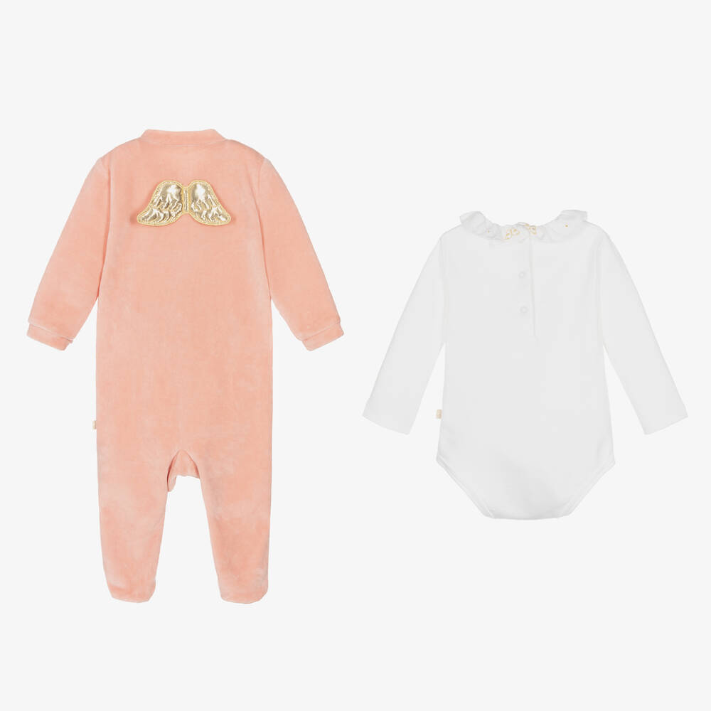 Marie-Chantal-Girls Pink Velour Angel Wings Babygrow Set | Childrensalon