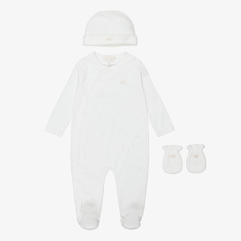 Marie-Chantal-Ivory Organic Cotton Pointelle Jersey Babysuit Gift Set | Childrensalon