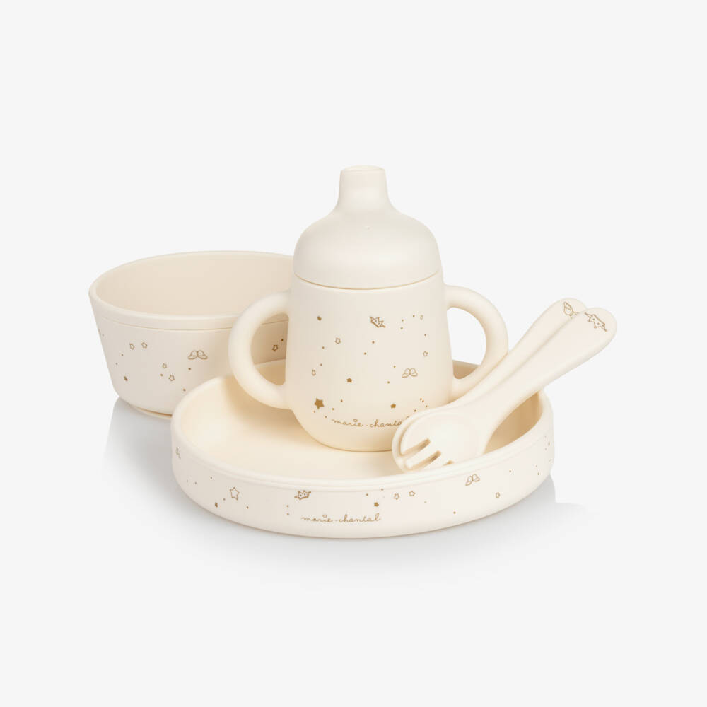 Marie-Chantal-طقم أدوات مائدة سيليكون لون عاجي بطبعة نجوم للرضع | Childrensalon