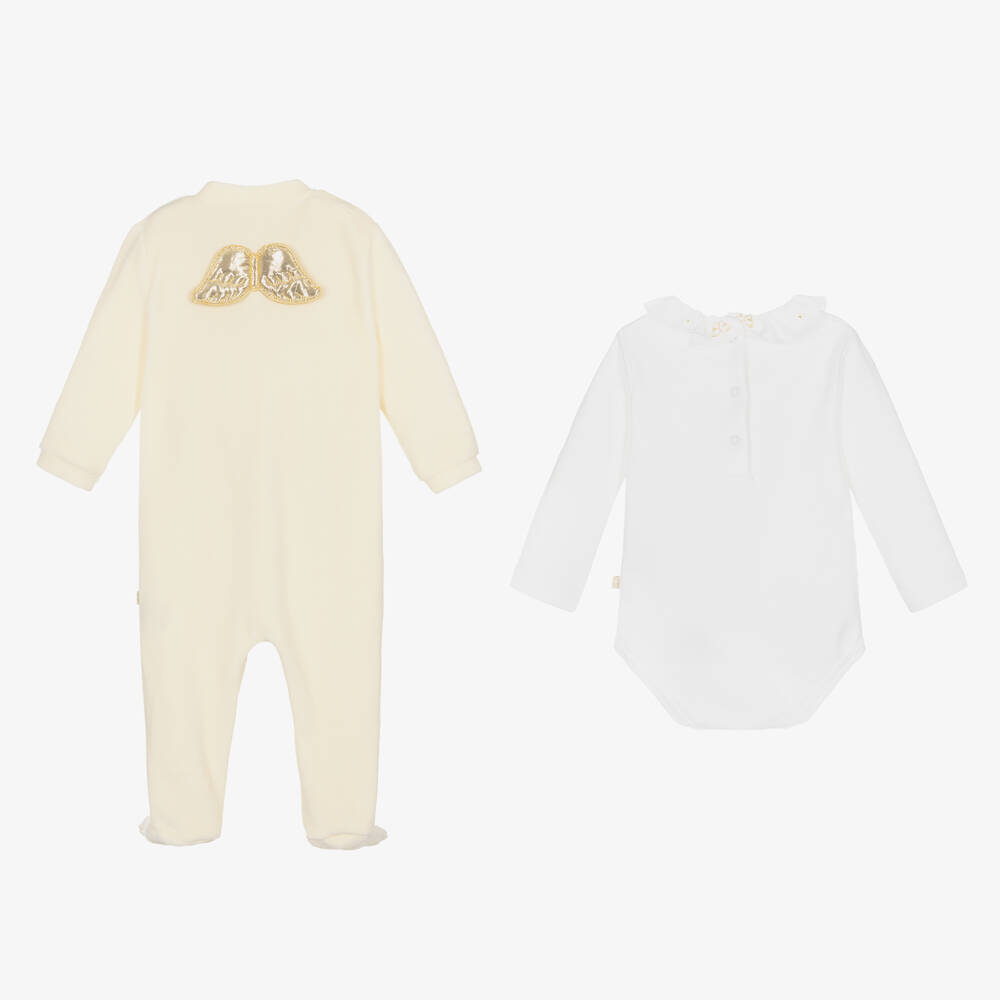 Marie-Chantal-Ivory Velour Angel Babygrow Set | Childrensalon
