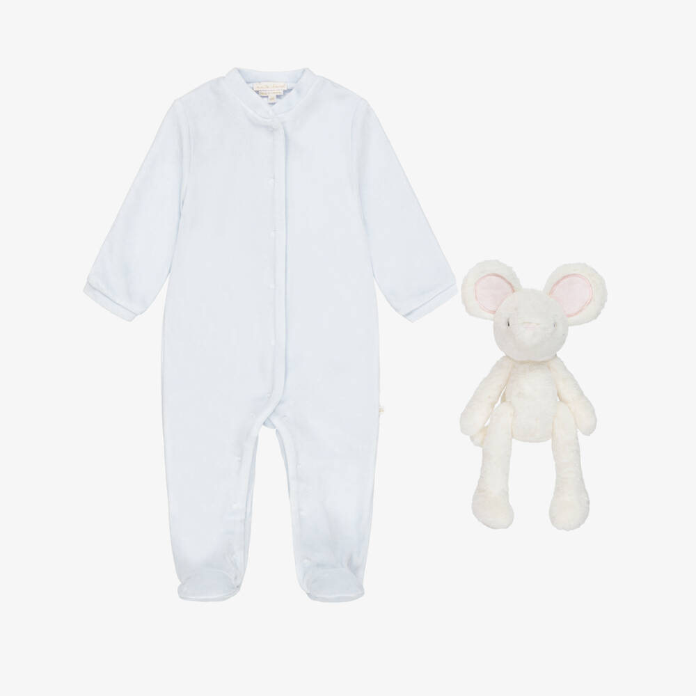 Marie-Chantal-Pale Blue Velour Angel Babygrow & Toy Mouse Gift Set | Childrensalon
