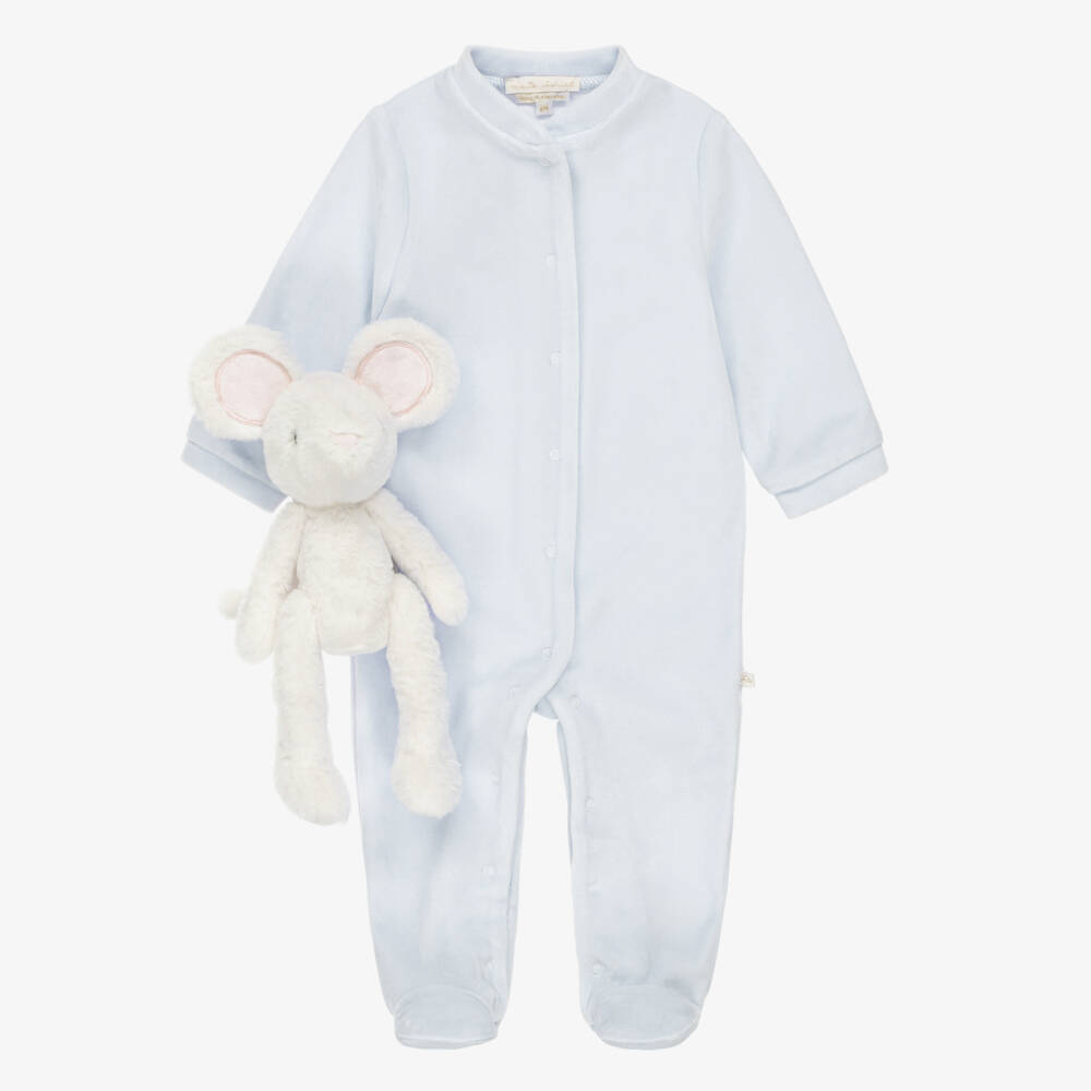 Marie-Chantal-Pale Blue Velour Angel Babygrow & Toy Mouse Gift Set | Childrensalon