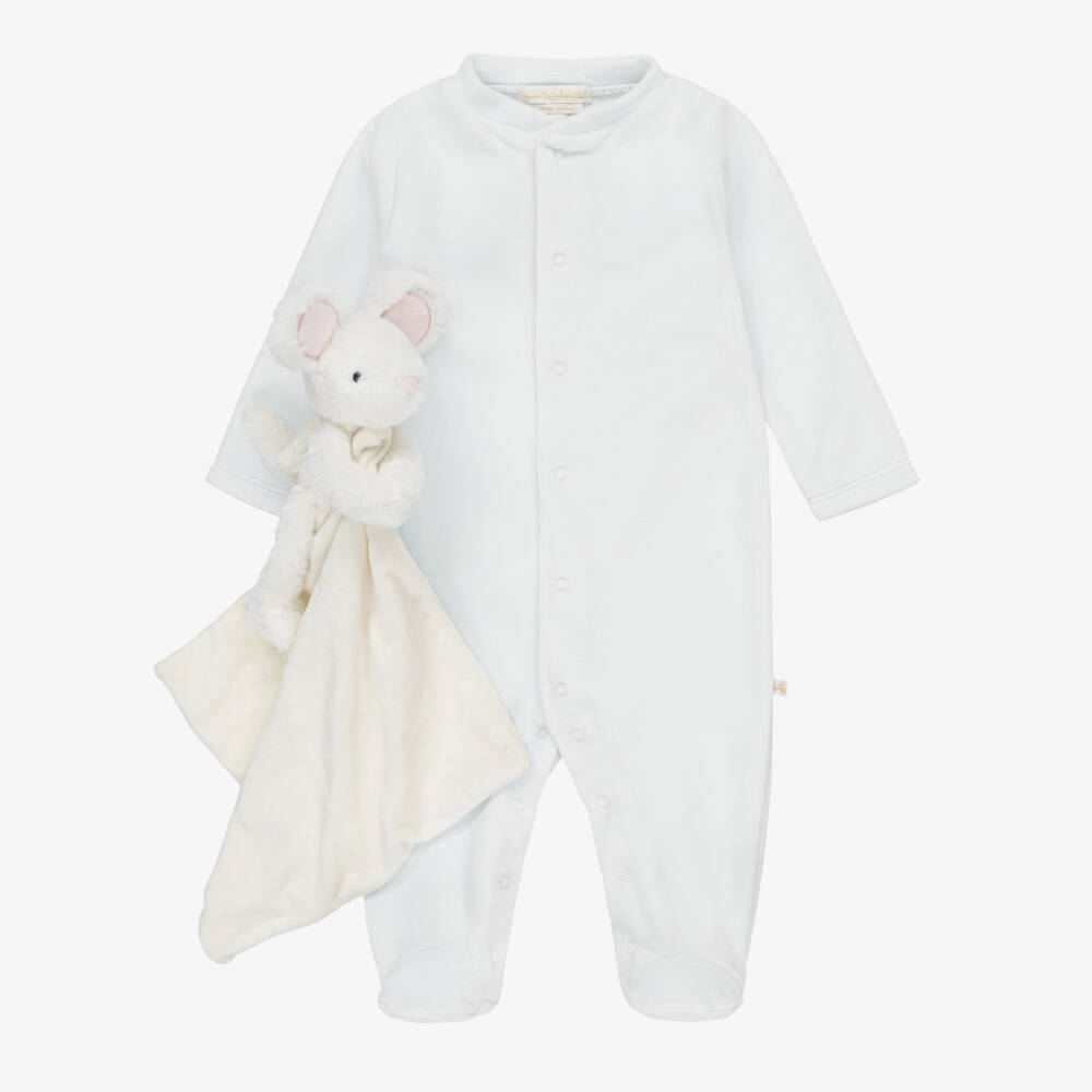 Marie-Chantal-Pale Blue Velour Babygrow & Comforter Gift Set | Childrensalon