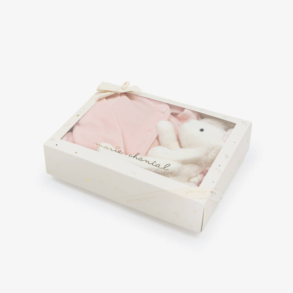 Marie-Chantal-Pale Pink Velour Angel Babygrow & Toy Mouse Gift Set | Childrensalon