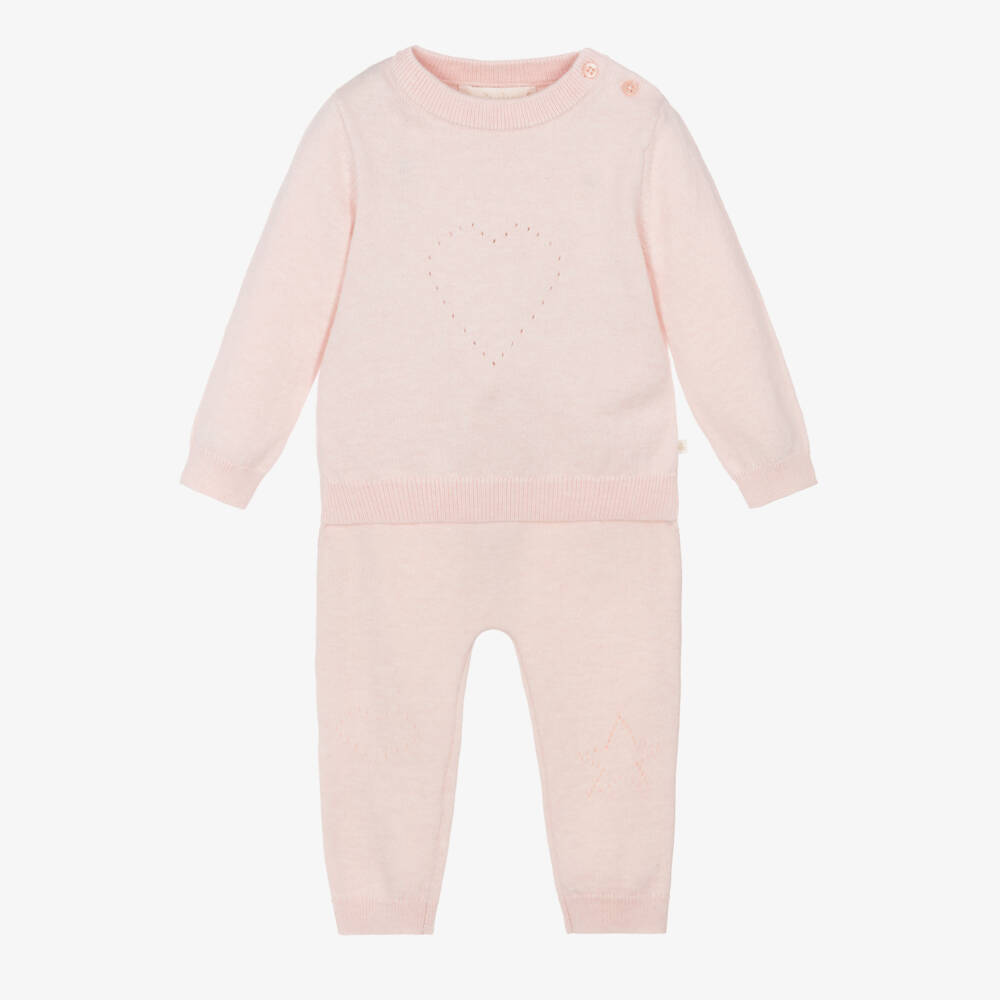 Marie-Chantal-Pink Cotton Knit Trouser Set with Pointelle Details | Childrensalon