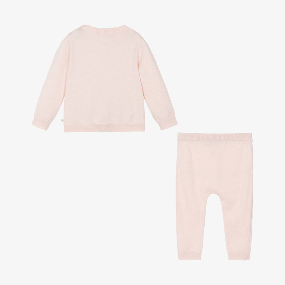 Marie-Chantal-Pink Cotton Knit Trouser Set with Pointelle Details | Childrensalon
