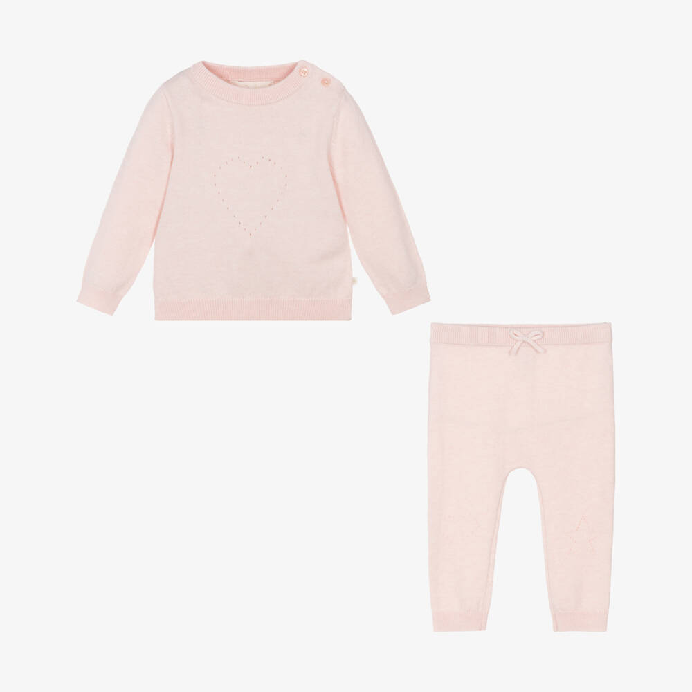 Marie-Chantal-Pink Cotton Knit Trouser Set with Pointelle Details | Childrensalon