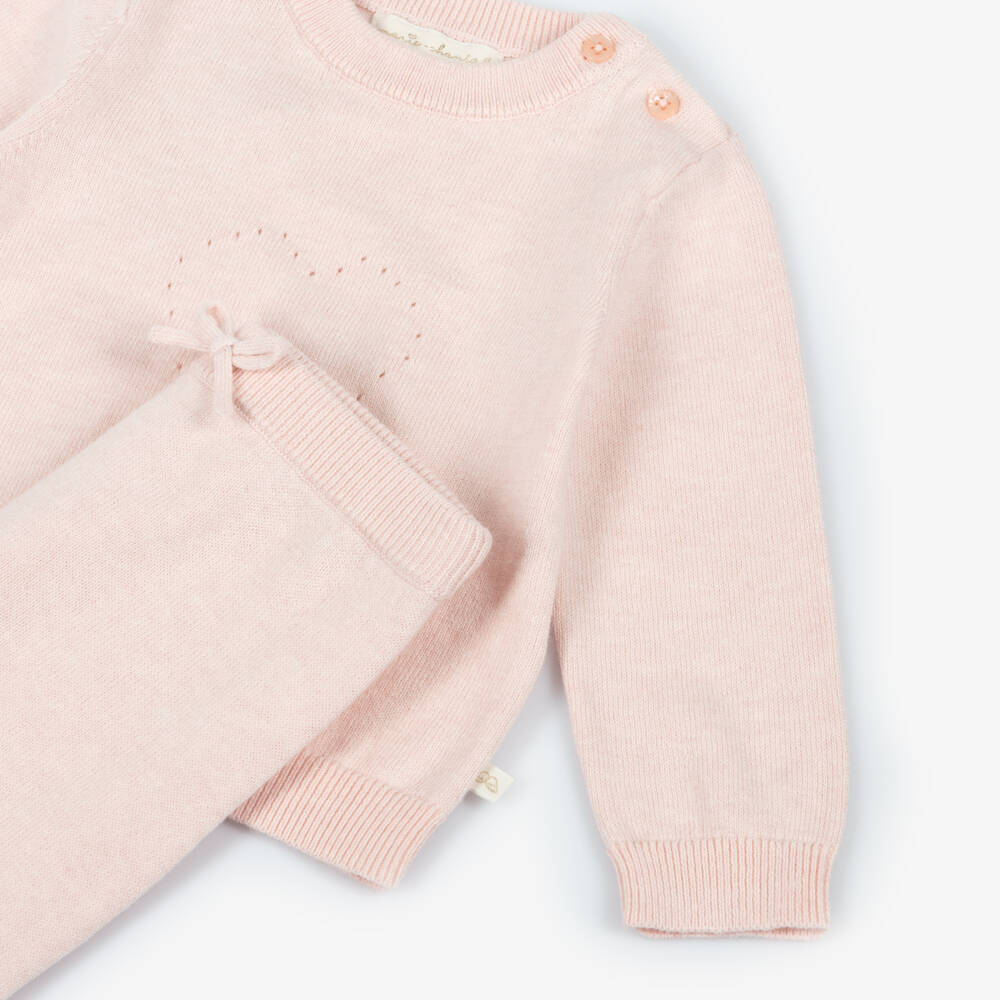 Marie-Chantal-Pink Cotton Knit Trouser Set with Pointelle Details | Childrensalon