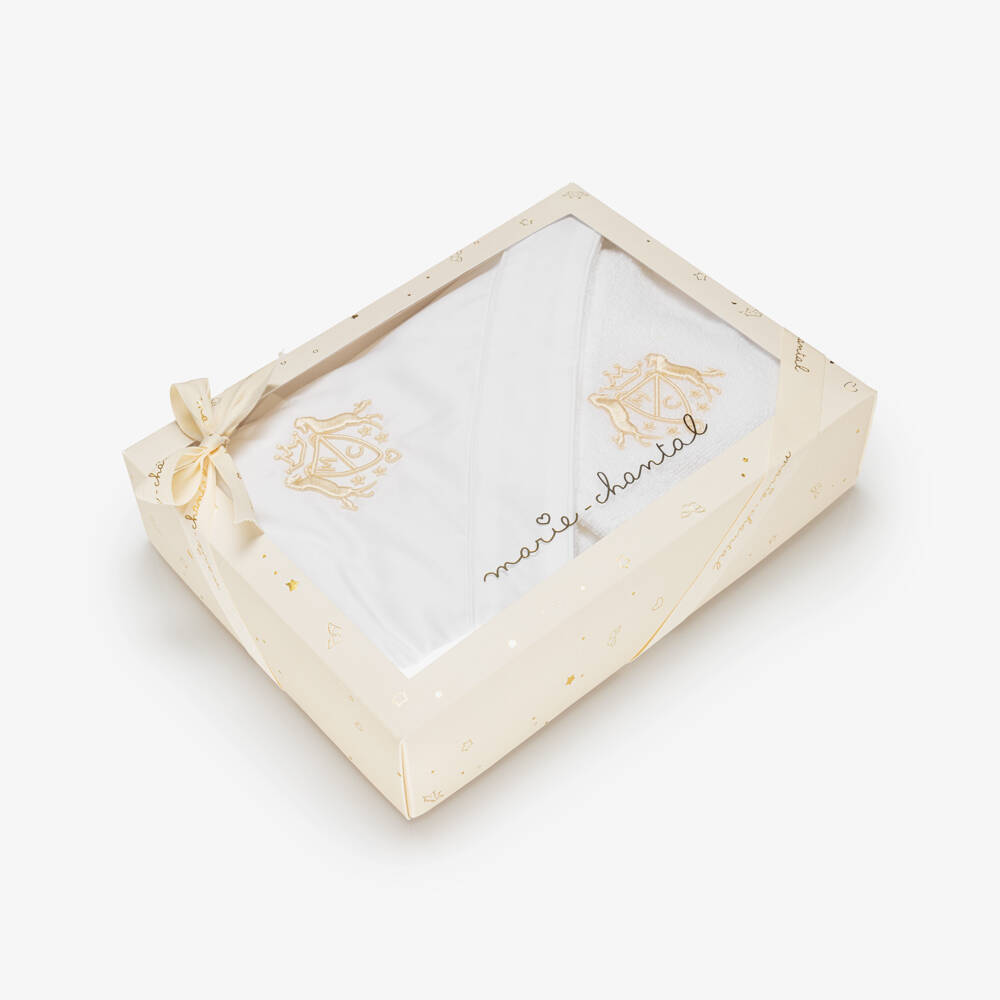 Marie-Chantal-White Cotton Hooded Towel & Mitt Set with Gold Crest | Childrensalon