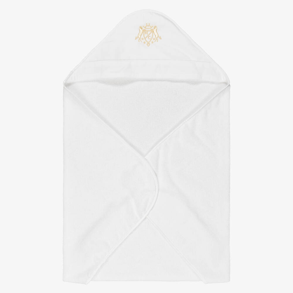 Marie-Chantal-White Cotton Hooded Towel & Mitt Set with Gold Crest | Childrensalon