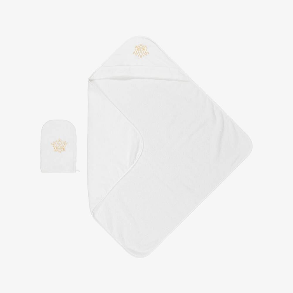 Marie-Chantal-White Cotton Hooded Towel & Mitt Set with Gold Crest | Childrensalon