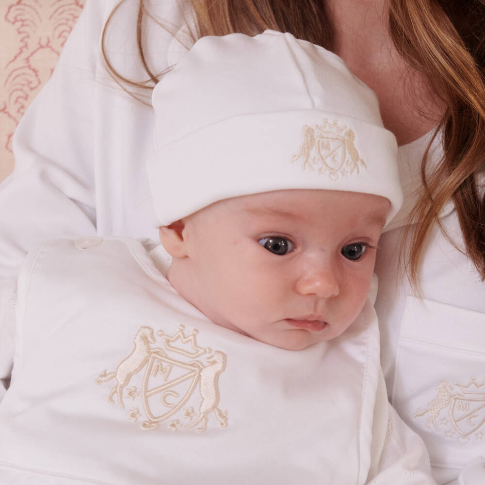 Marie-Chantal-White Pima Cotton Baby Hat & Mittens Set | Childrensalon