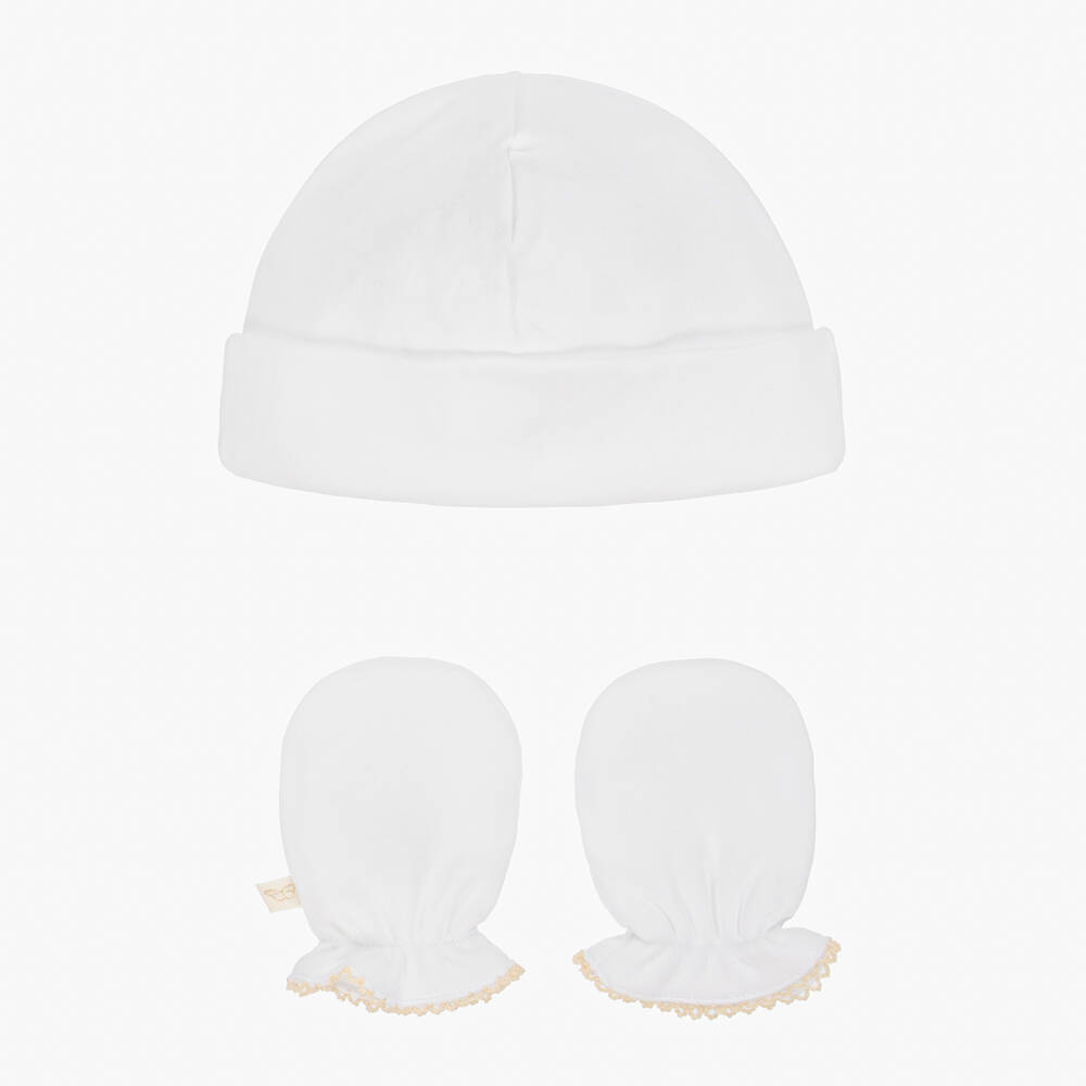 Marie-Chantal-White Pima Cotton Baby Hat & Mittens Set | Childrensalon