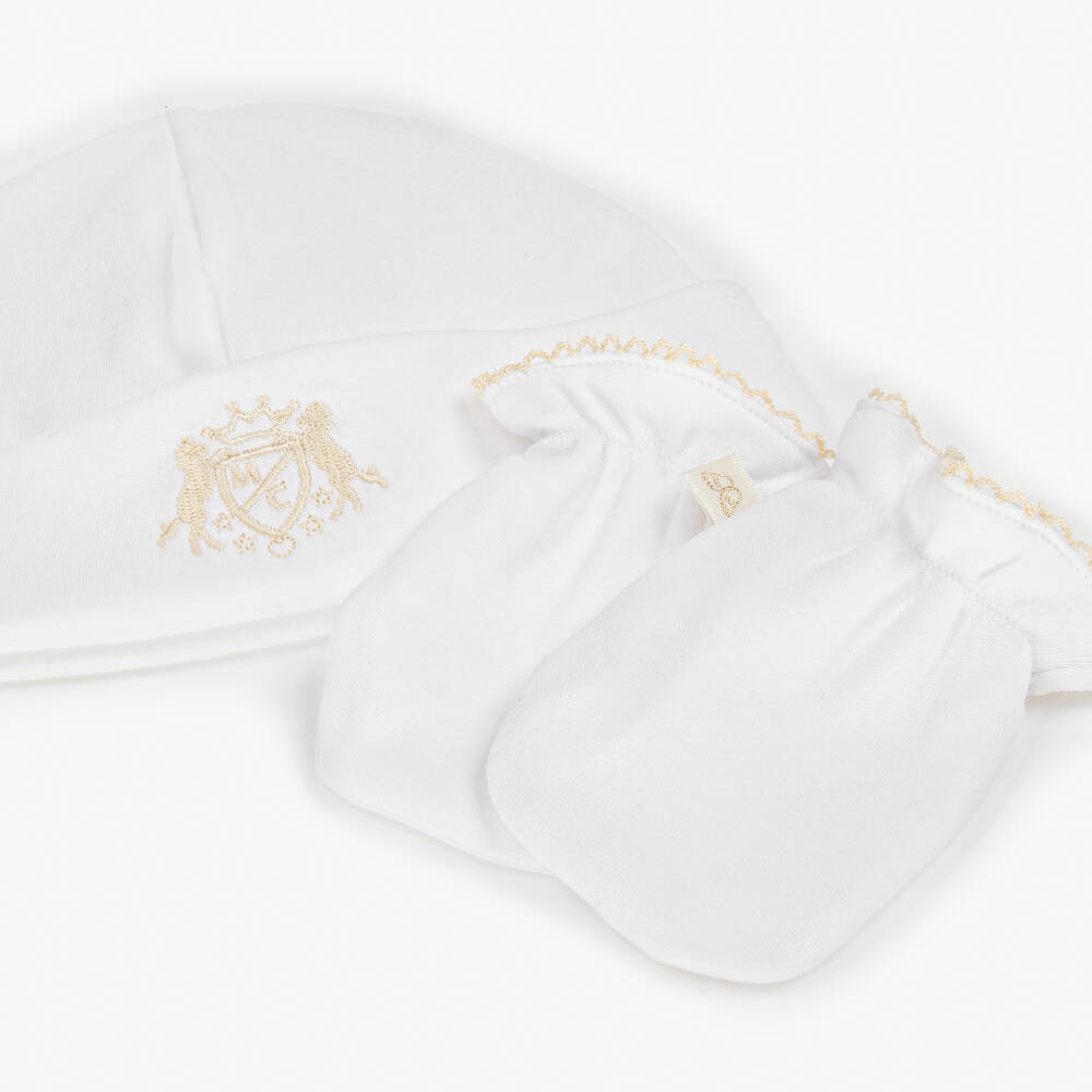 Marie-Chantal-White Pima Cotton Baby Hat & Mittens Set | Childrensalon