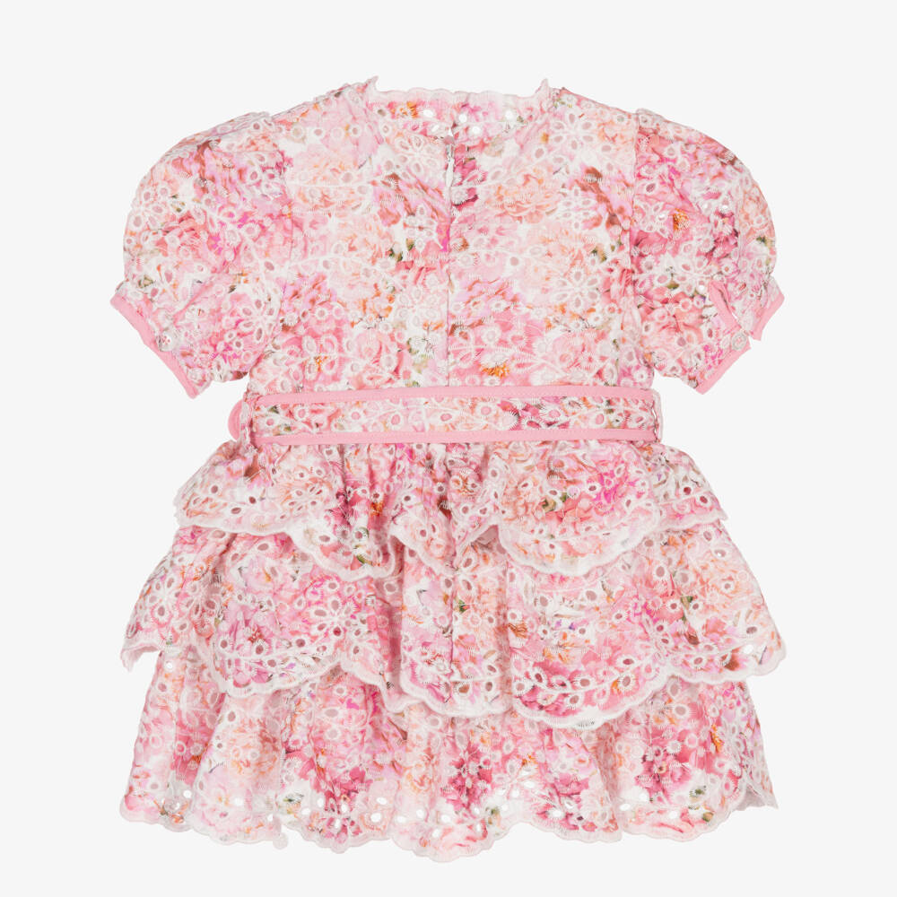 Marlo Kids-Baby Girls Pink Floral Print Broderie Anglaise Cotton Dress | Childrensalon