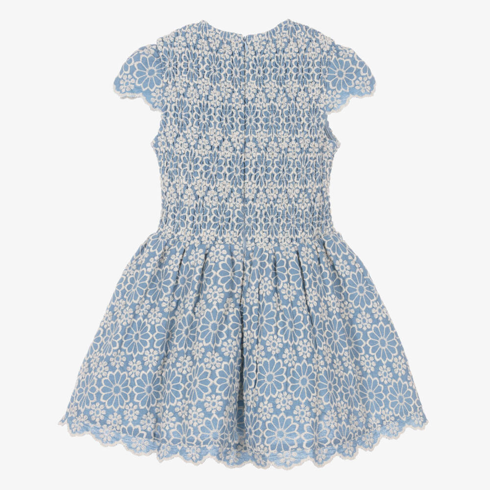 Marlo Kids-Girls Blue Dress with Ivory Floral Embroidery | Childrensalon