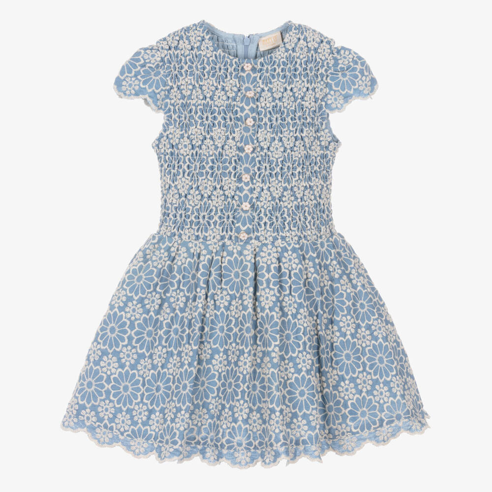 Marlo Kids-Girls Blue Dress with Ivory Floral Embroidery | Childrensalon